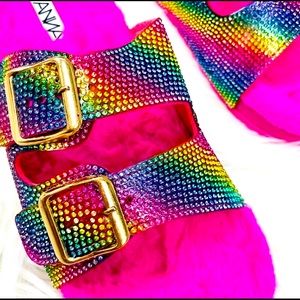 💎 Rhinestone Fur Sandals 💜❤️💚💛🧡